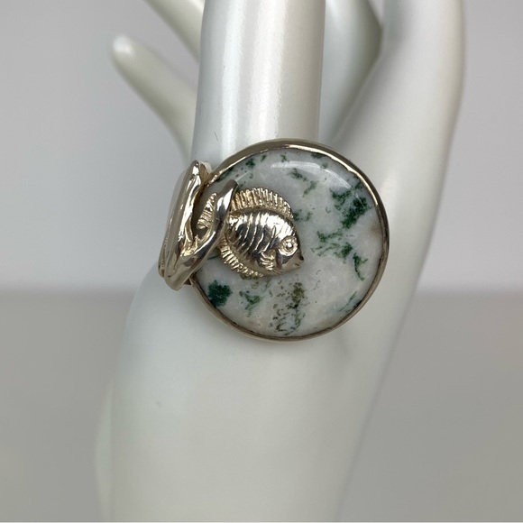 Sterling Silver Ring Fish Band Jasper Stone Sz 8.5 Vtg Stamped 925 Marine Life - Picture 2 of 13